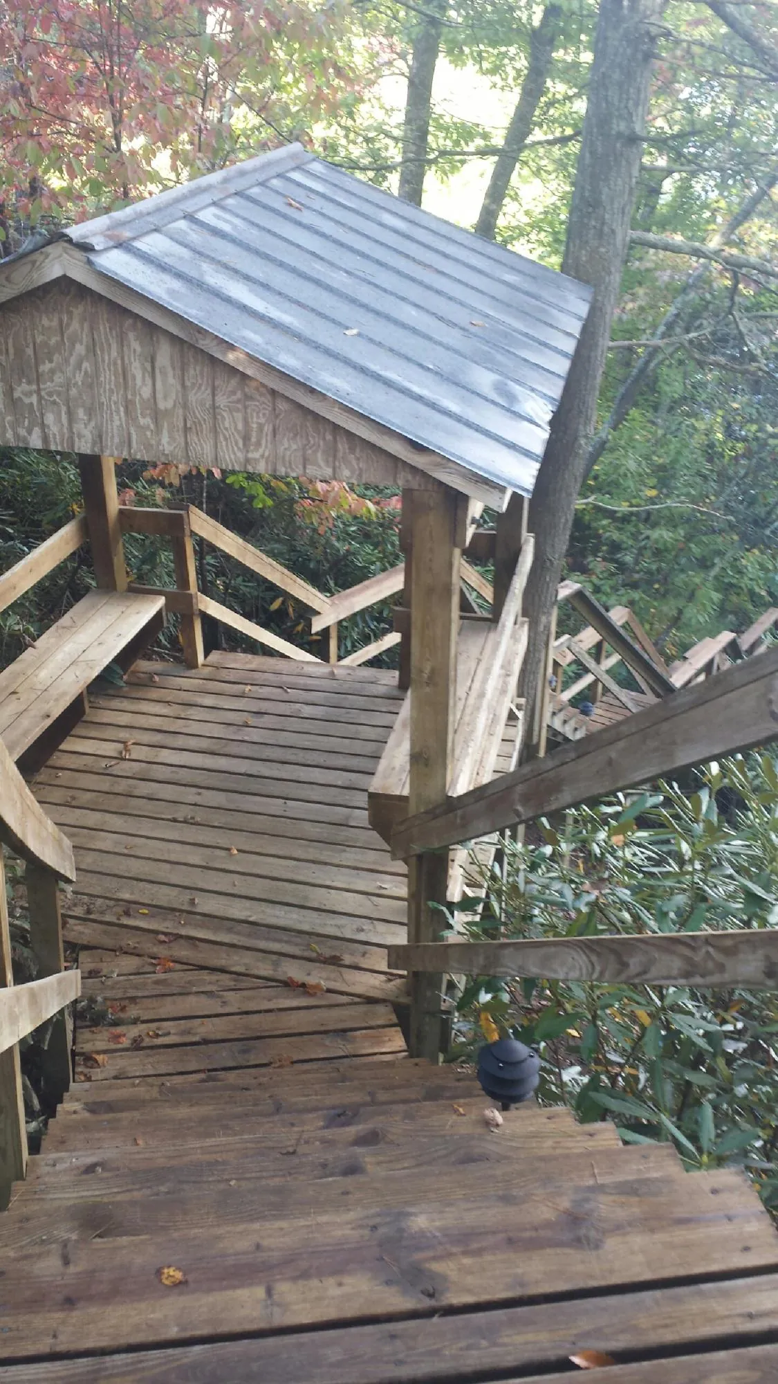 Metal roofed shelter over wooden steps on a wooded walkway — Skylight Repair & Installation work by our crew in Karval